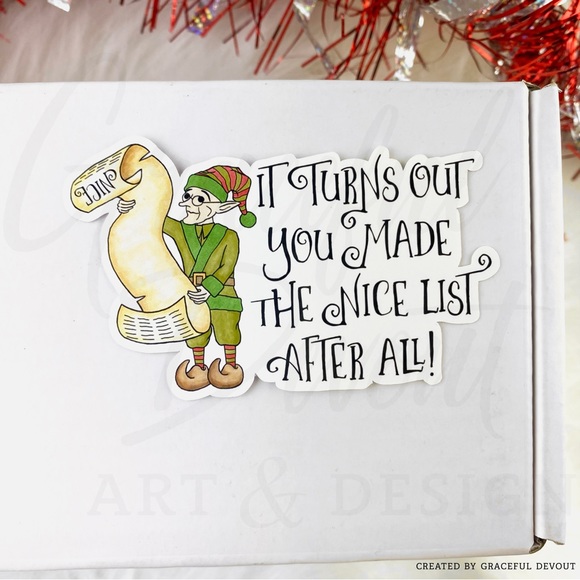 Elf Gift Wrap Sticker. “It Turns Out You Made The Nice List After All”- (24ct.) - Picture 4 of 5